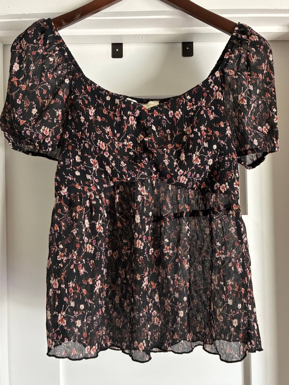 Monteau Black Floral Peasant Blouse with Pink Accents M